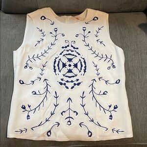 Tory Burch White Top with Blue Embroidery- Size 8